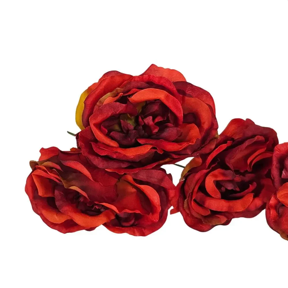 Artificial Large Red Orange Roses 16 Stems Faux Silk Fall Wedding Floral Lot